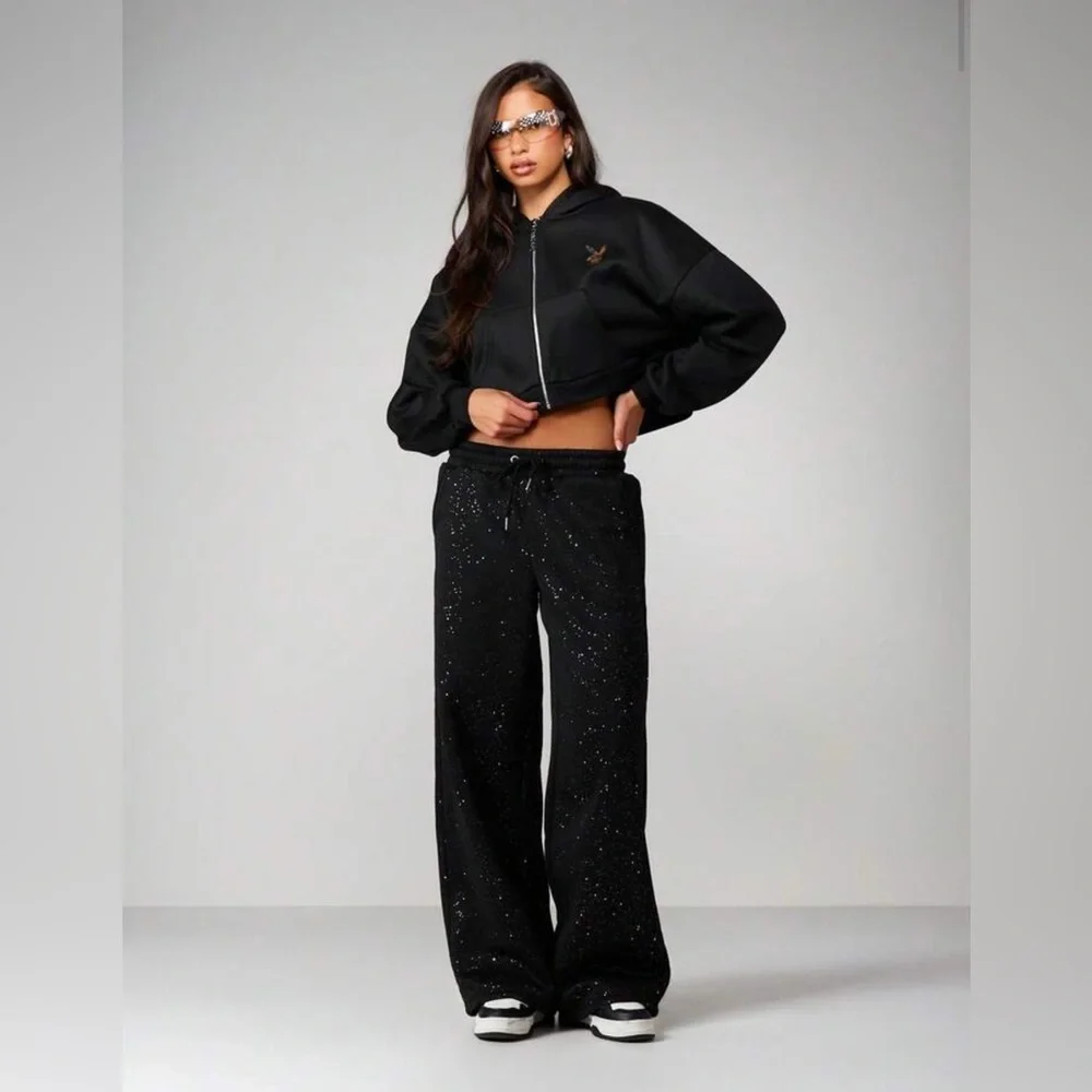 NWTS MISSGUIDED Sparkly Wide Leg Jogger Sweatpants With Glitter - Picture 2 of 4